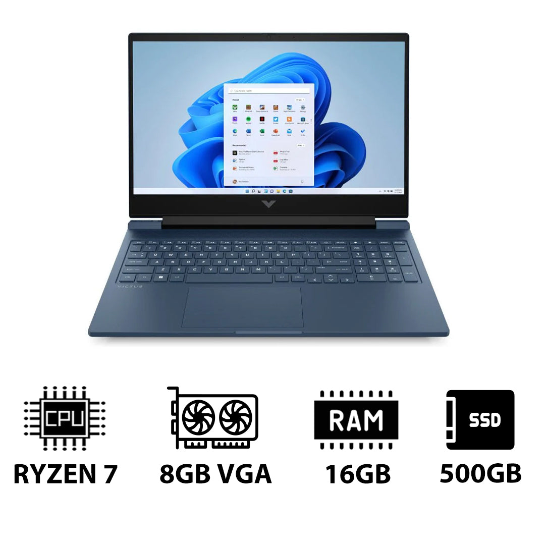 HP Victus Gaming Laptop 16-S0023NE - 16.1" QHD / AMD Ryzen 7 / 16GB / 500GB (NVMe M.2 SSD) / RTX 4070 8GB VGA / Win 11 Home / 1YW / Performance Blue - Laptop