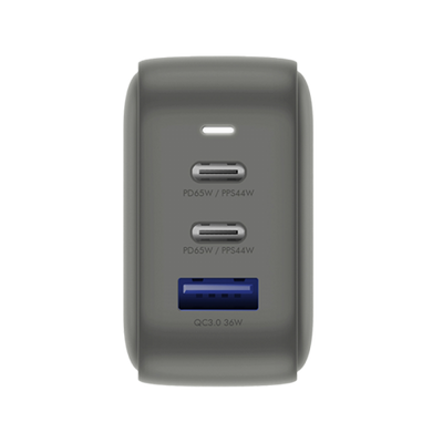 Energea TravelWorld 2-Port USB-C PD and 1-Port USB-A GaN 66W Travel Adapter - Gunmetal