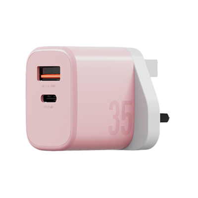 Bazic Go Port Velox Kit Bundle 1-Port USB-C & 1-Port USB-A PD 35W Wall Charger with Weave USB-C to USB-C 60W Cable - Peach Pink