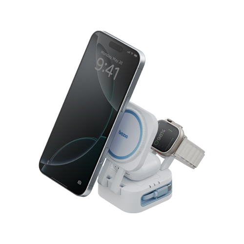 محطة Bazic GoMag ميني في 1 قابلة للطي مغناطيسي لاسلكي شاحن ساعة ابل  ايربودز - أبيض