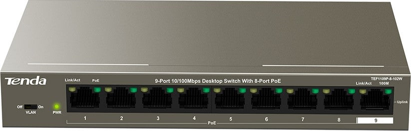 Tenda TEF1109P 9-Port Fast Unmanaged Switch With 8-Port PoE / 6kV Lightning Protection / VLAN Button / Transmission Distance Up to 250m / Large Packet Buffer / 102W High Power / 1.6 Gbps