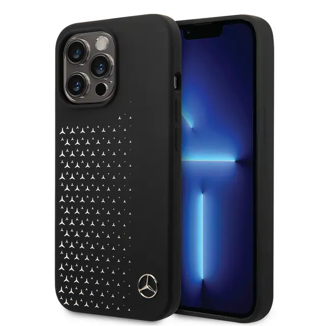 Mercedes-Benz iPhone 14 Pro Max Liquid Silicone Case with Gradient Star Horizontal Pattern - Black