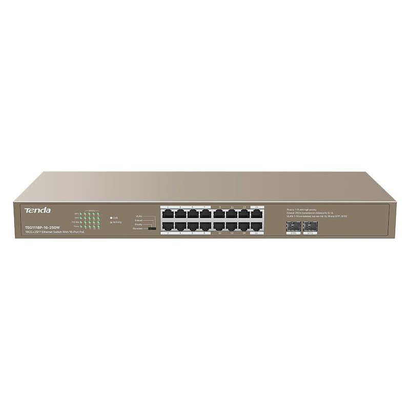 Tenda 16GE+2SFP Ethernet Switch - 36Gbps / RJ45 / 16-Port PoE Switch