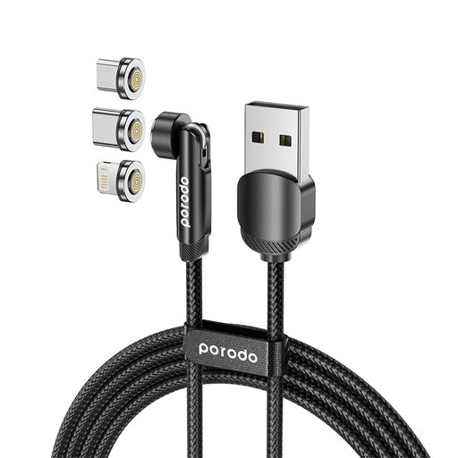 Porodo 3in1 Rotating Connector Braided Magnetic Cable - Lightning / Type-C / Micro USB / 1Meter - Black