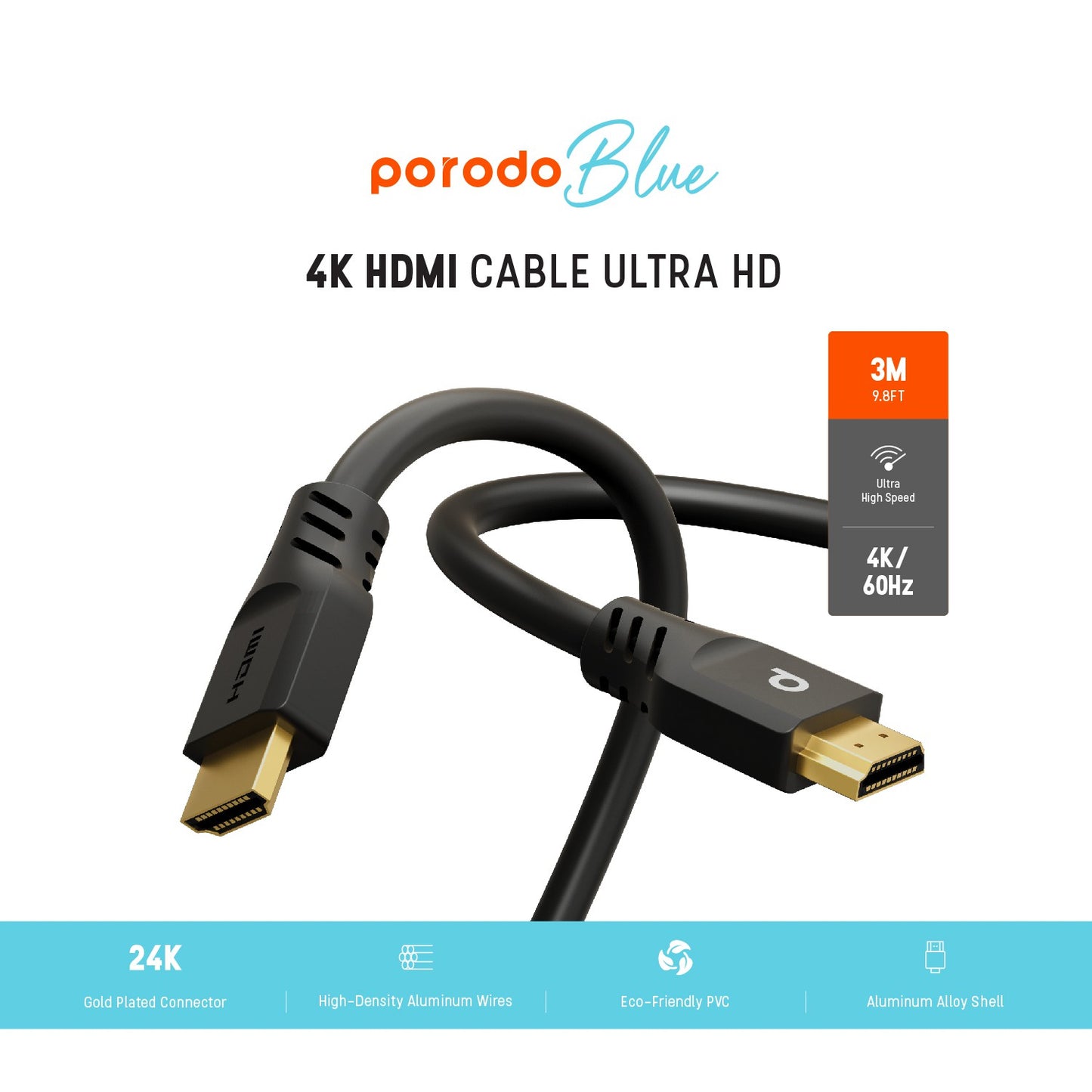 Porodo Blue 4K/60Hz HDMI Cable Ultra HD (3m/9.8ft) - Black