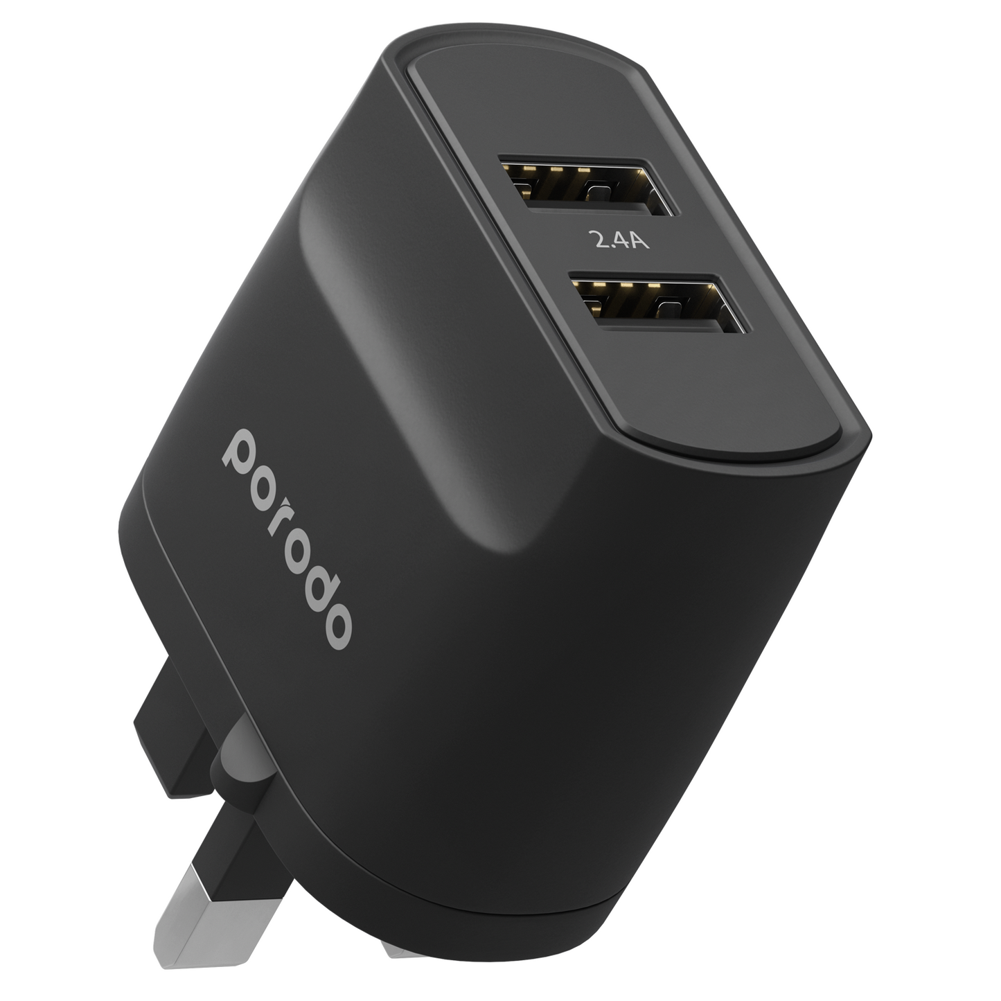 Porodo Blue 3Pin Dual Port Wall Charger 2.4A/12W UK - Black