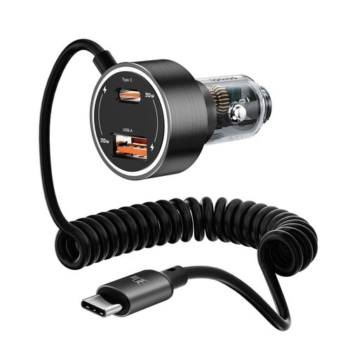 Porodo 60W Dual Port Transparent Aluminum Car Charger - Integrated Type-C Cable / Black