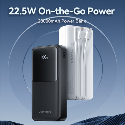 Vention Power Bank 20000mAh (Micro-USB + USB-C + USB-A + USB-A) with Built-in USB-C and Lightning Cables 22.5W - Black