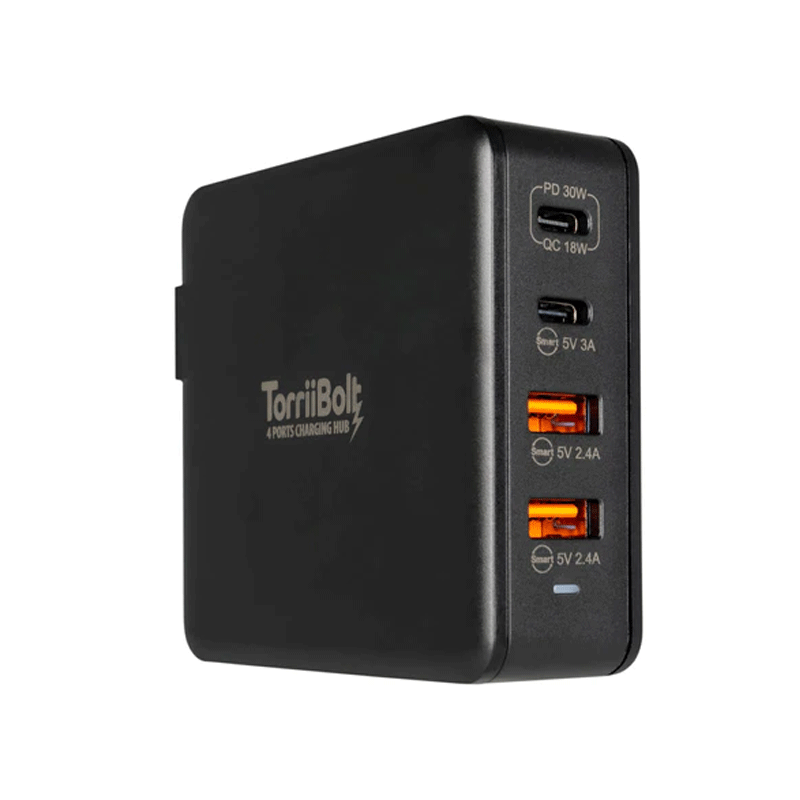 Torrii Bolt 4 Port Charging Hub - 47W / 2 x USB-C / 2 x USB-A / QC 3.0 / Black