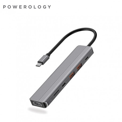 Powerology 6in1 Slim 4K HDMI USB-C Hub - Gray