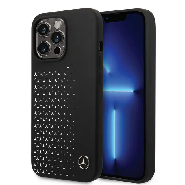Mercedes-Benz iPhone 14 Pro Liquid Silicone Case with Gradient Star Horizontal Pattern - Black