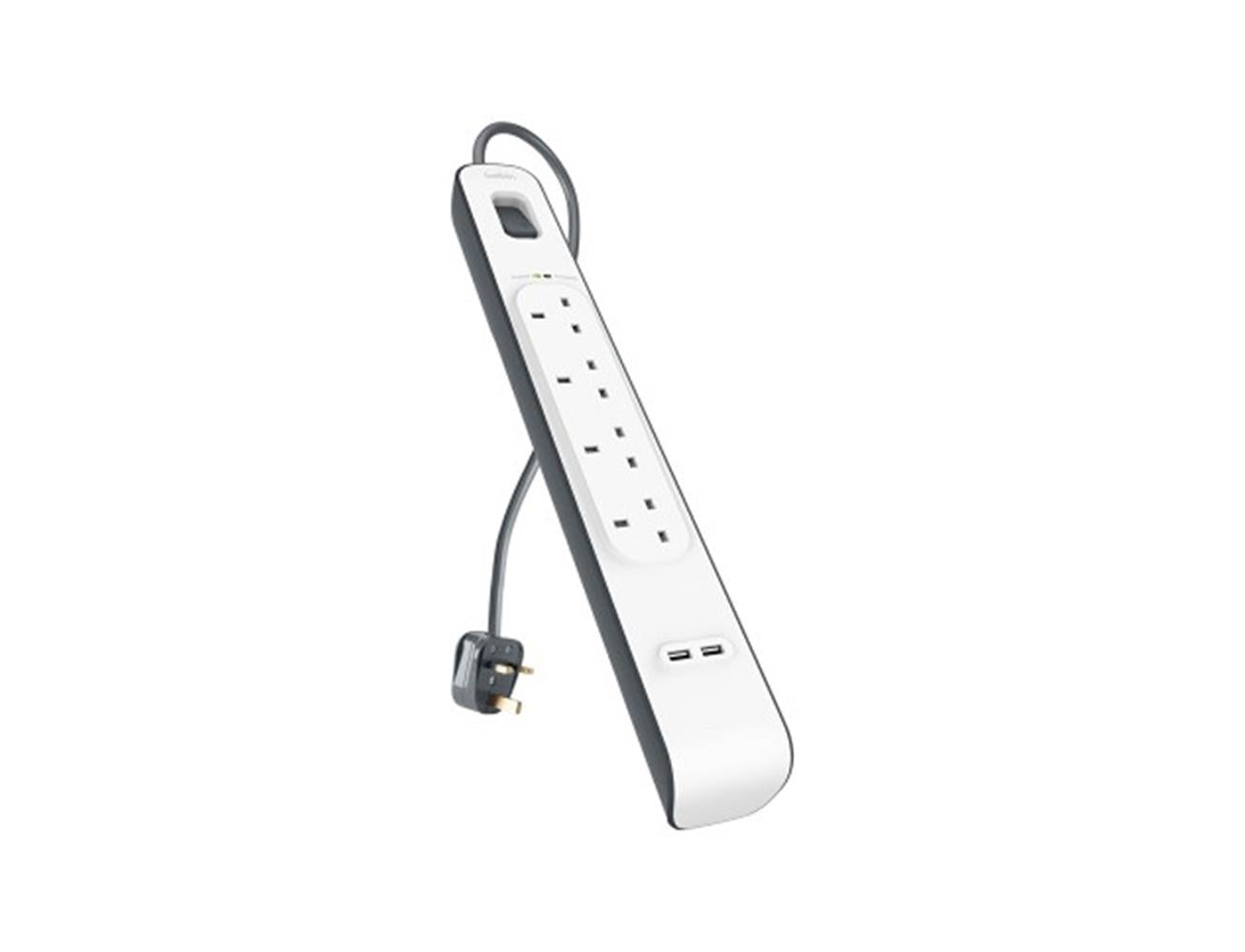 Belkin 4 Way Surge Protection Strip - 2M With 2 X 2.4Amp Usb Charging Power Extension - White
