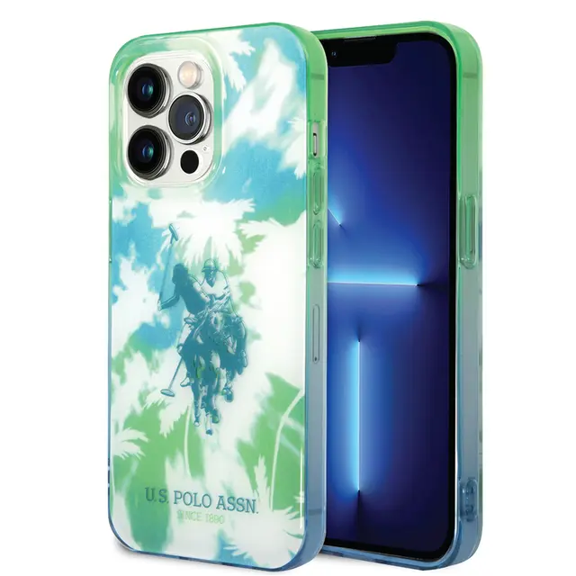 U.S. POLO ASSN. iPhone 14 Pro Max USPA PC/TPU IML Case With Dye Palm Design & Horse Logo - Green
