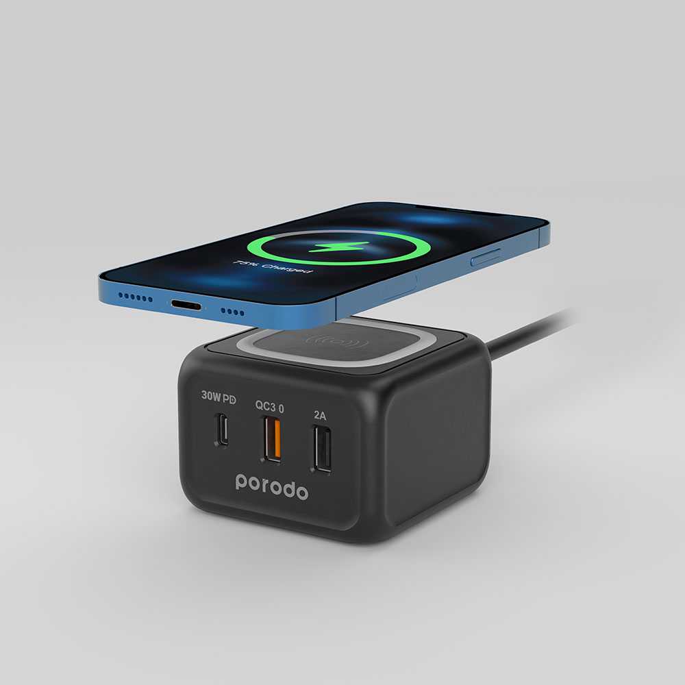 Porodo Desktop Charger With Fast-Wireless Charging - Black