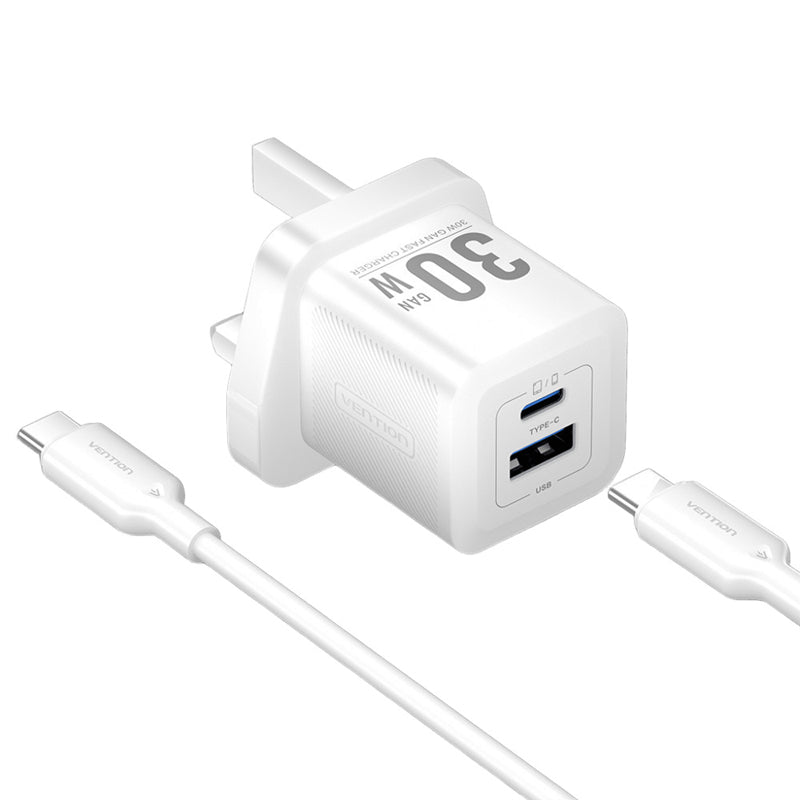 Vention 2-Port GaN Charger with Cable - 30W / USB-C / White