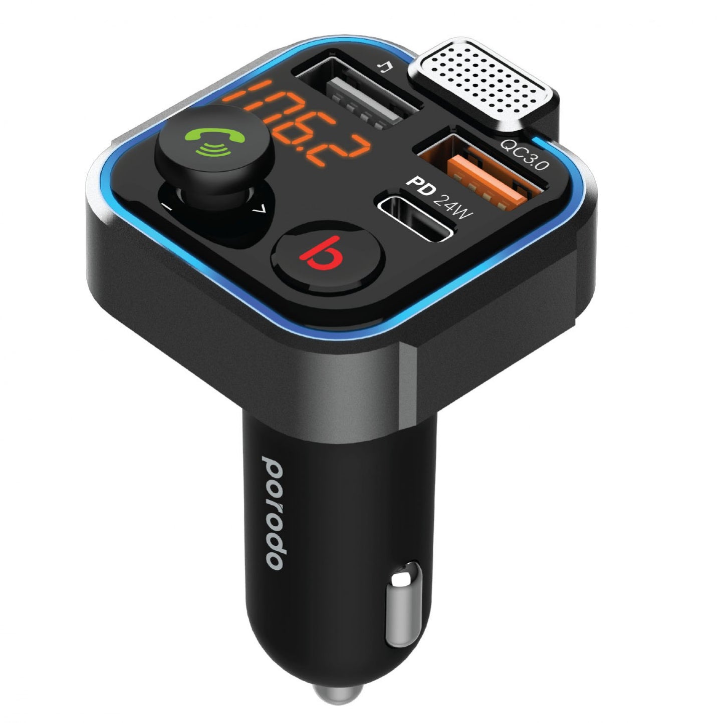 Porodo Smart Car Charger FM Transmitter With 24W PD Port and QC3.0 - Black