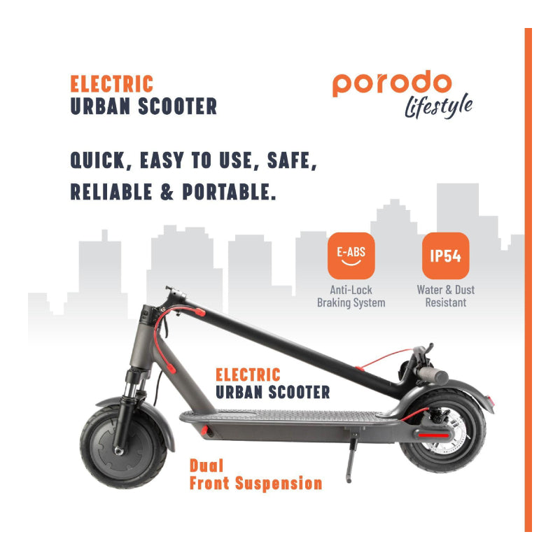 Porodo Electric Urban Scooter with Front Suspension - 25Km/h / 7800mAh / Black
