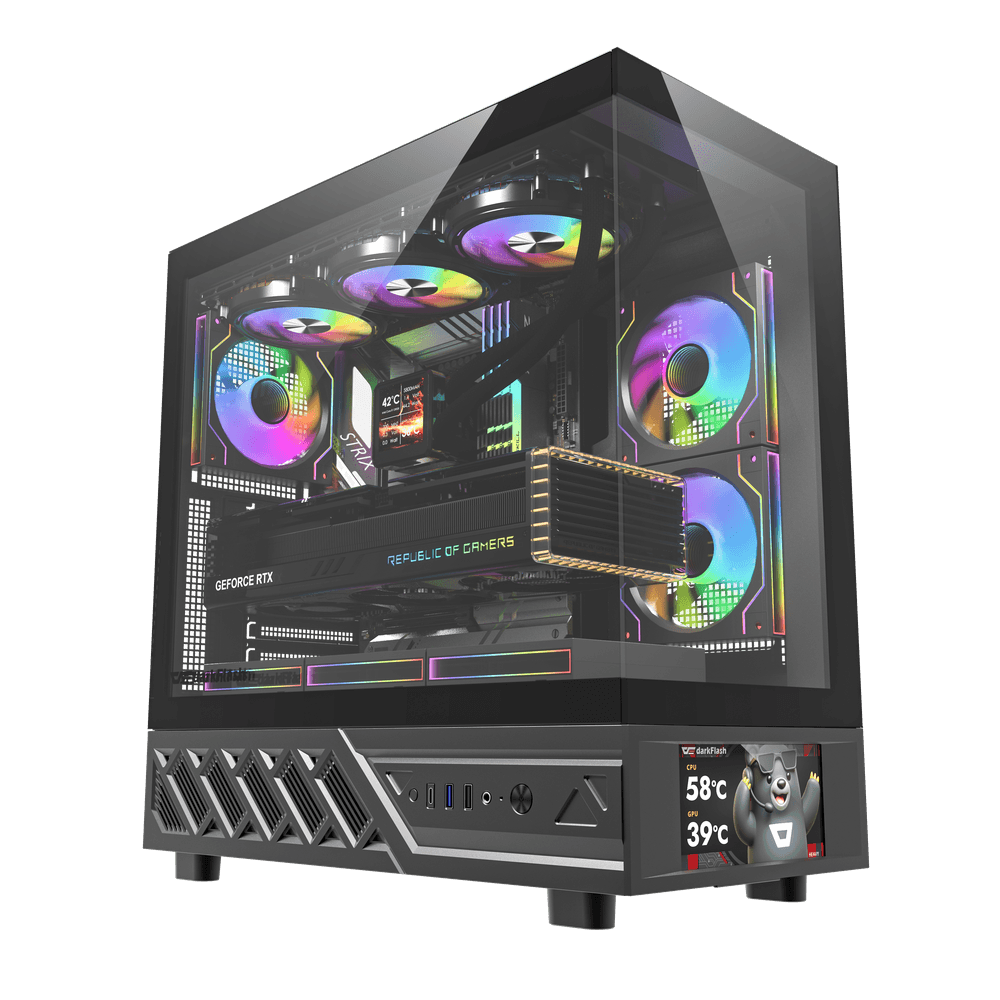 Darkflash DS950V ATX PC Case - Black (With LED Display + 6 x ARGB Fans Included)