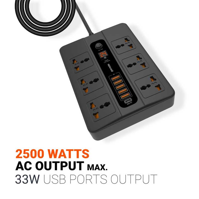 Porodo Multi-Port Super Hub with 6 Universal AC Sockets 13A 3000W - Black