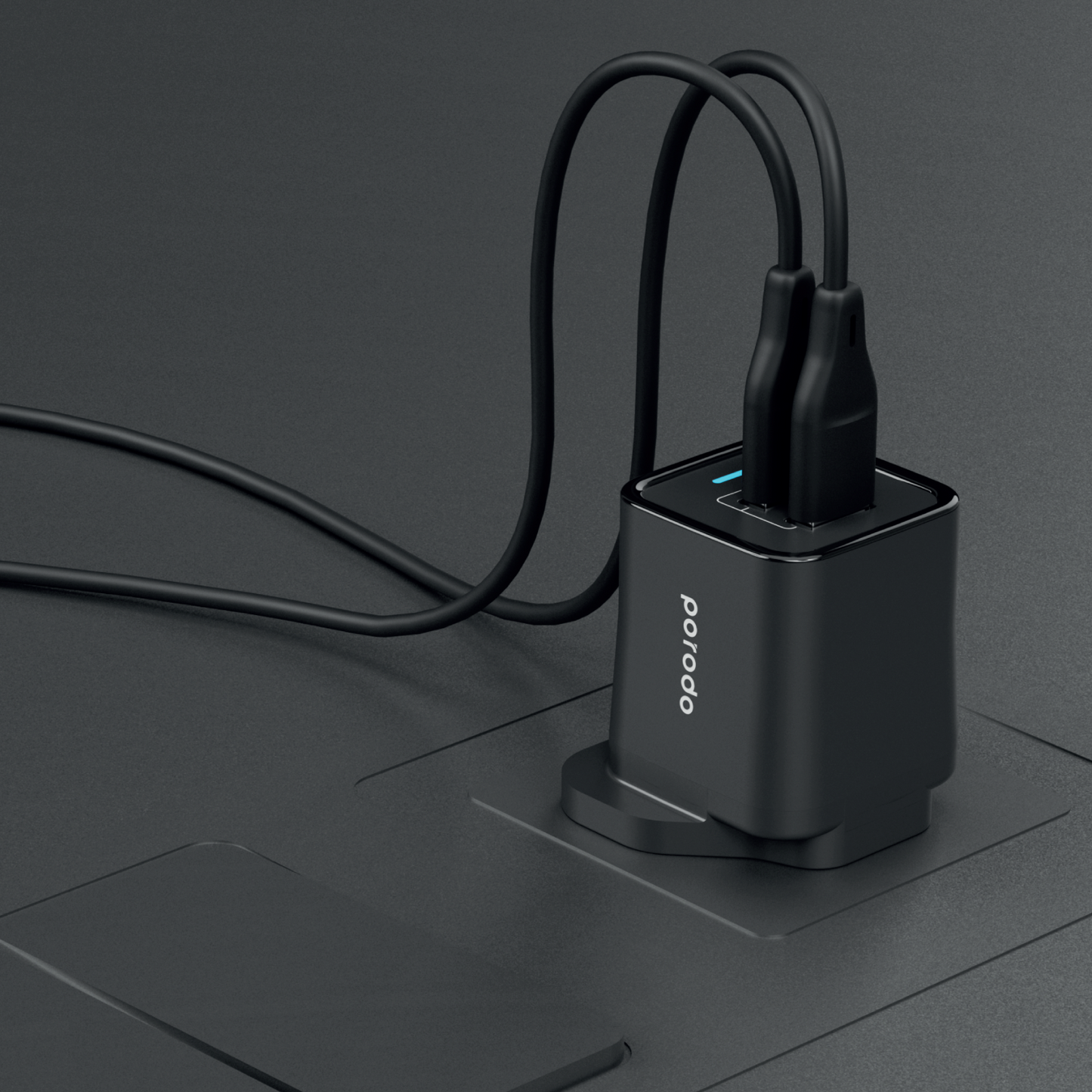 Porodo Dual Port Wall Charger 2.4A With 1.2m Type-C Cable - Black