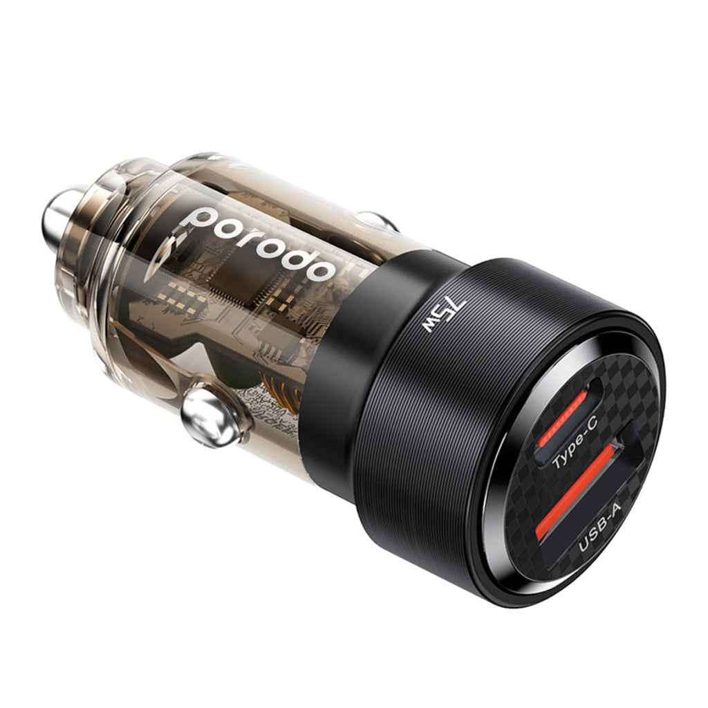 Porodo 75W Dual Port Transparent Aluminum Car Charger - Black