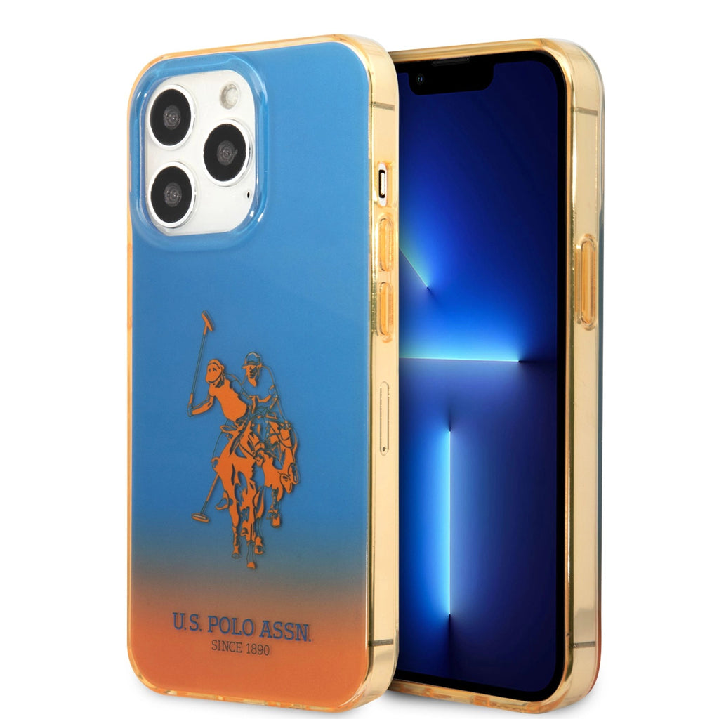 U.S. POLO ASSN. iPhone 14 Pro USPA PC/TPU Gradient Case With Dyed Bumper & Horse Logo - Blue/Orange