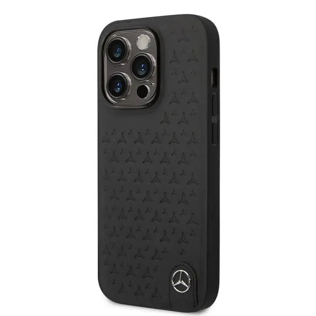 Mercedes-Benz iPhone 14 Pro Genuine Leather Case With Star Pattern - Black