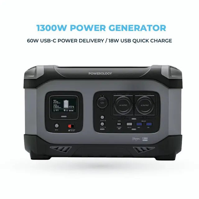 Powerology 392000mAh Power Generator 1300W 60W USB-C Power Delivery/18W USB Quick Charge - Black