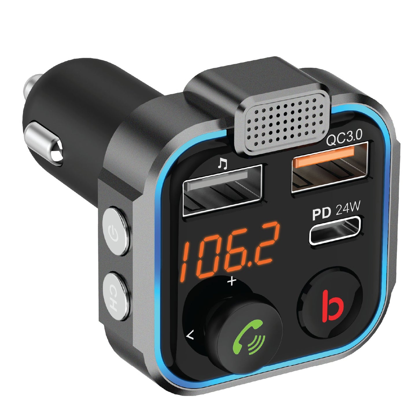 Porodo Smart Car Charger FM Transmitter With 24W PD Port and QC3.0 - Black