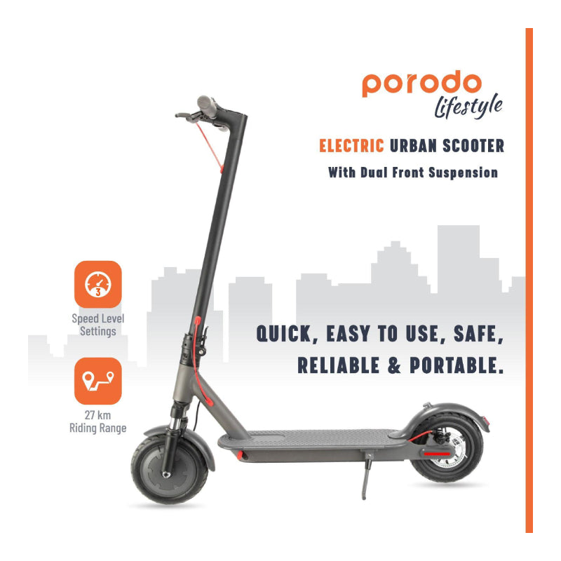Porodo Electric Urban Scooter with Front Suspension - 25Km/h / 7800mAh / Black