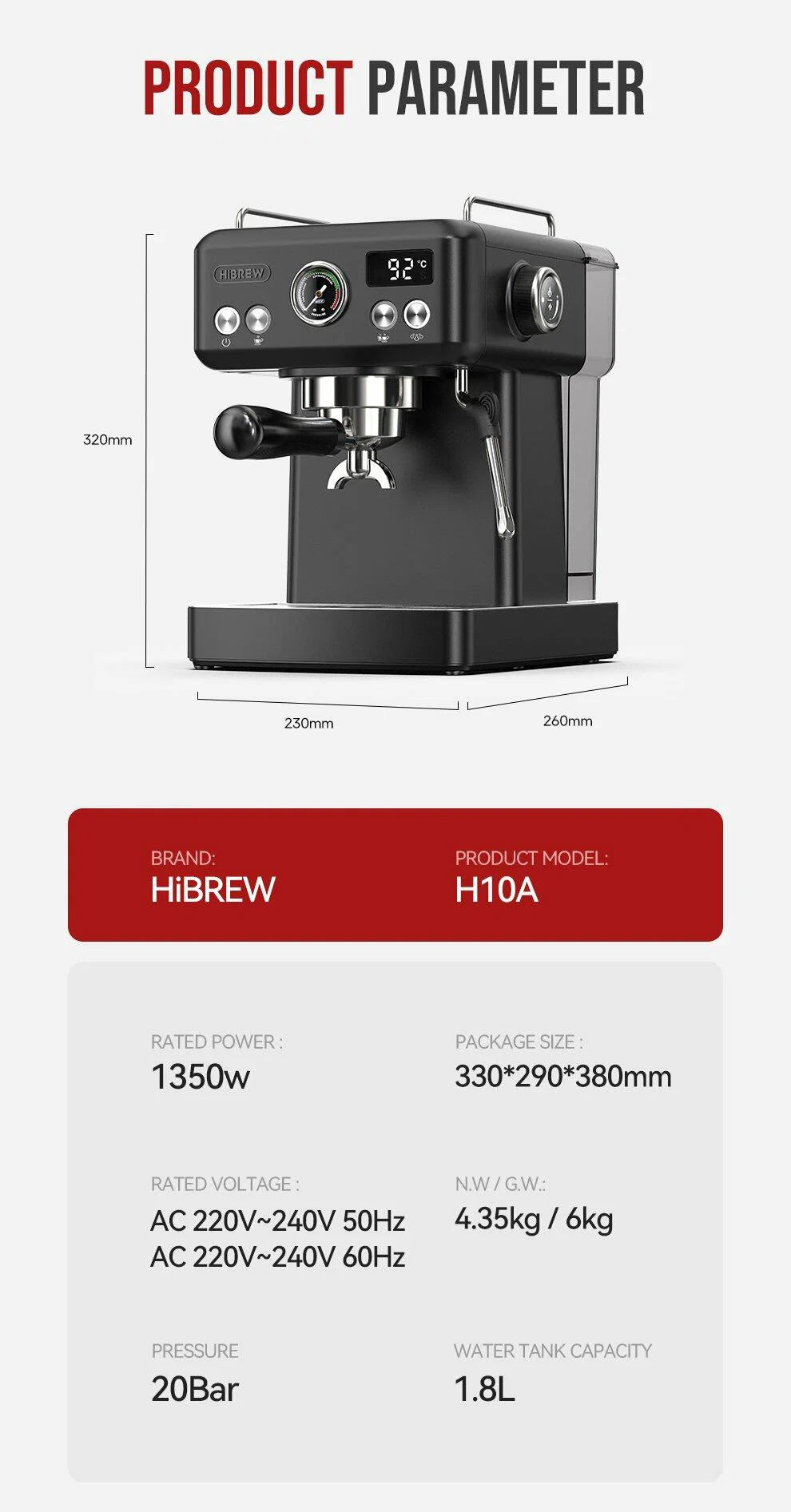 HiBREW Semi Automatic Espresso Coffee Machine H10A - Black