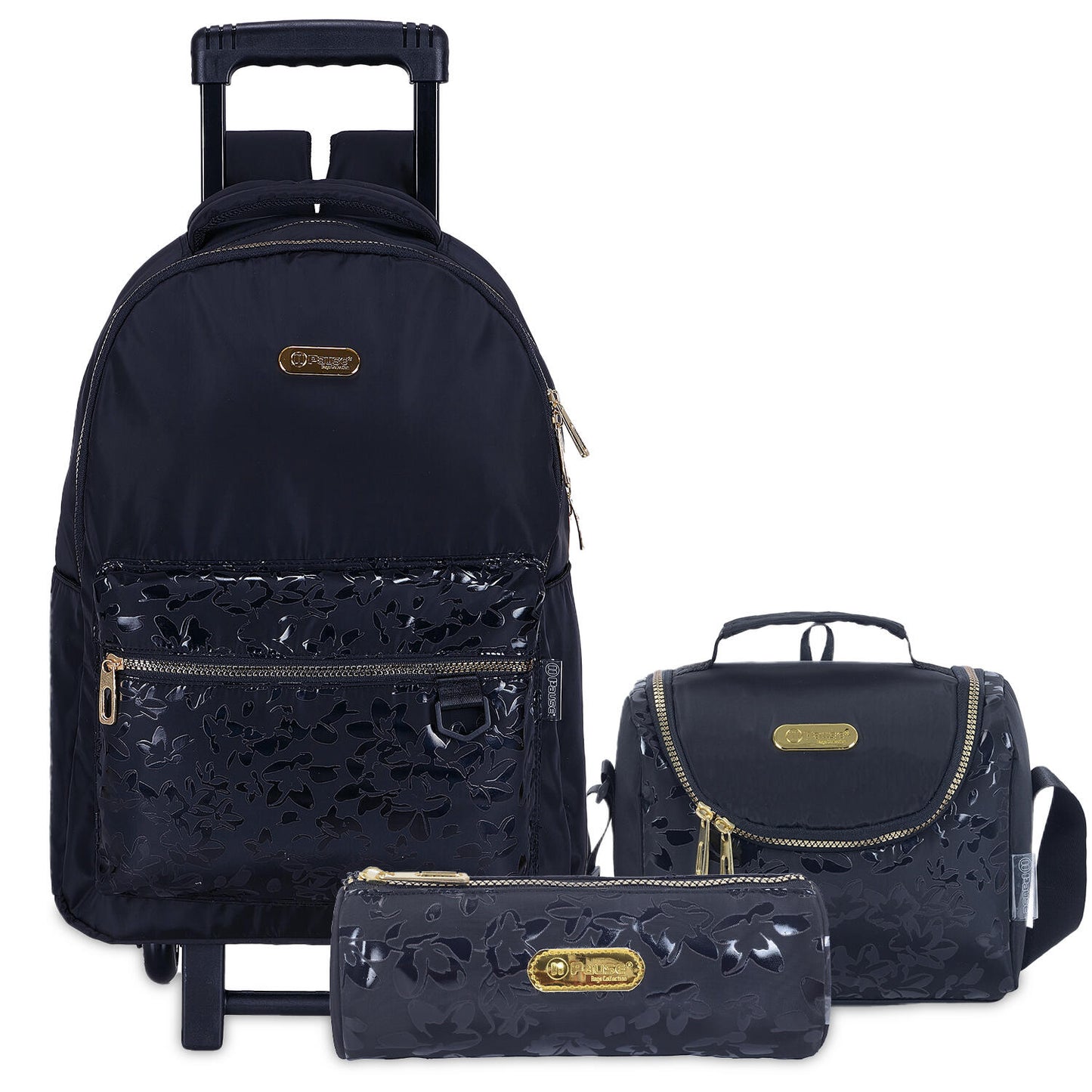 Pause Trolley Bag 18 With Pencil case & Lunch Bag - Black Flower