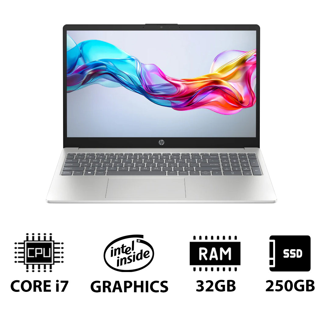 إتش بي 15-FD0146NE - 15.6" FHD / آي 7 / 32 جيجابايت / 250 32 جيجابايت / 250 جيجابايت (NVMe م.2 إس إس دي) / دوس (بدون نظام تشغيل) / ضمان سنة / طبيعي فضي - لابتوب