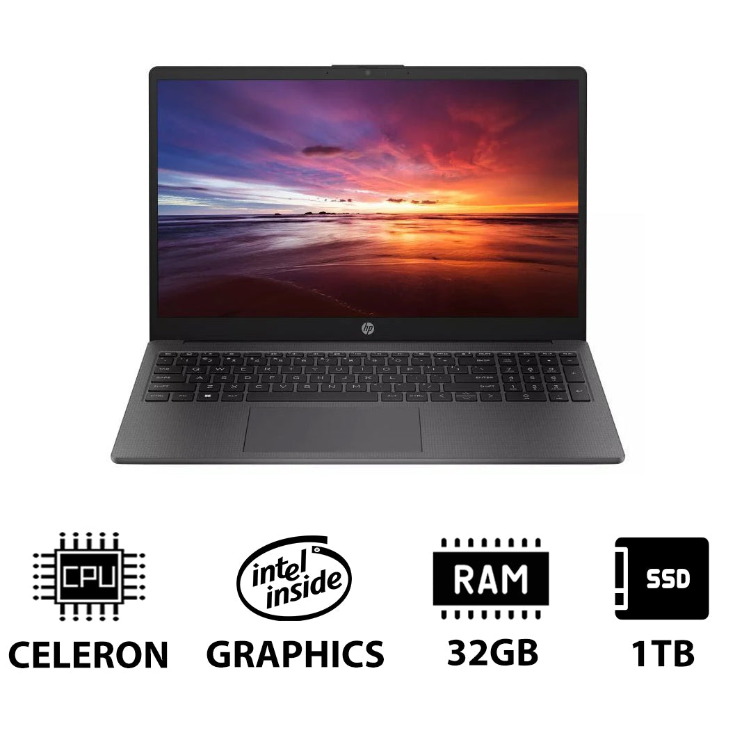 HP 250 G10 - 15.6" HD / Celeron / 32GB / 1TB (NVMe M.2 SSD) / DOS (Without OS) / 1YW / Dark Ash Silver - Laptop