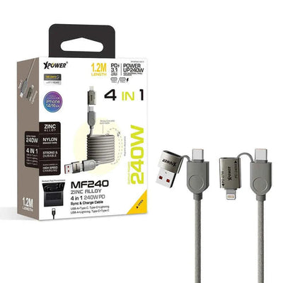 XPower MF240 Zinc Alloy Sync & Charge Cable - 240W / USB-C / USB-A / Lightning / 1.2 Meter / Titanium