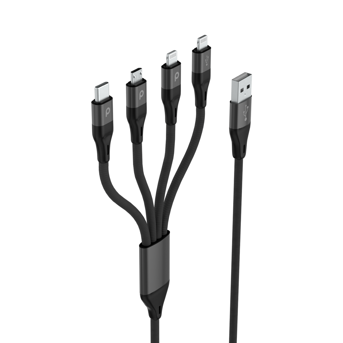 Porodo 4in1 Aluminum Braided Fast Charge Cable (1.2m/4ft) - Black