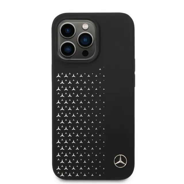 Mercedes-Benz iPhone 14 Pro Liquid Silicone Case with Gradient Star Horizontal Pattern - Black