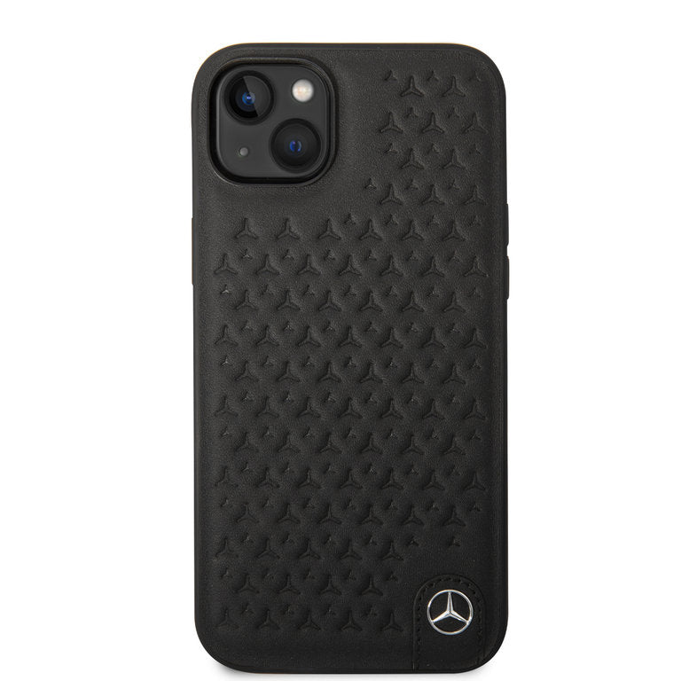 Mercedes-Benz iPhone 14 Plus Genuine Leather Case With Star Pattern - Black