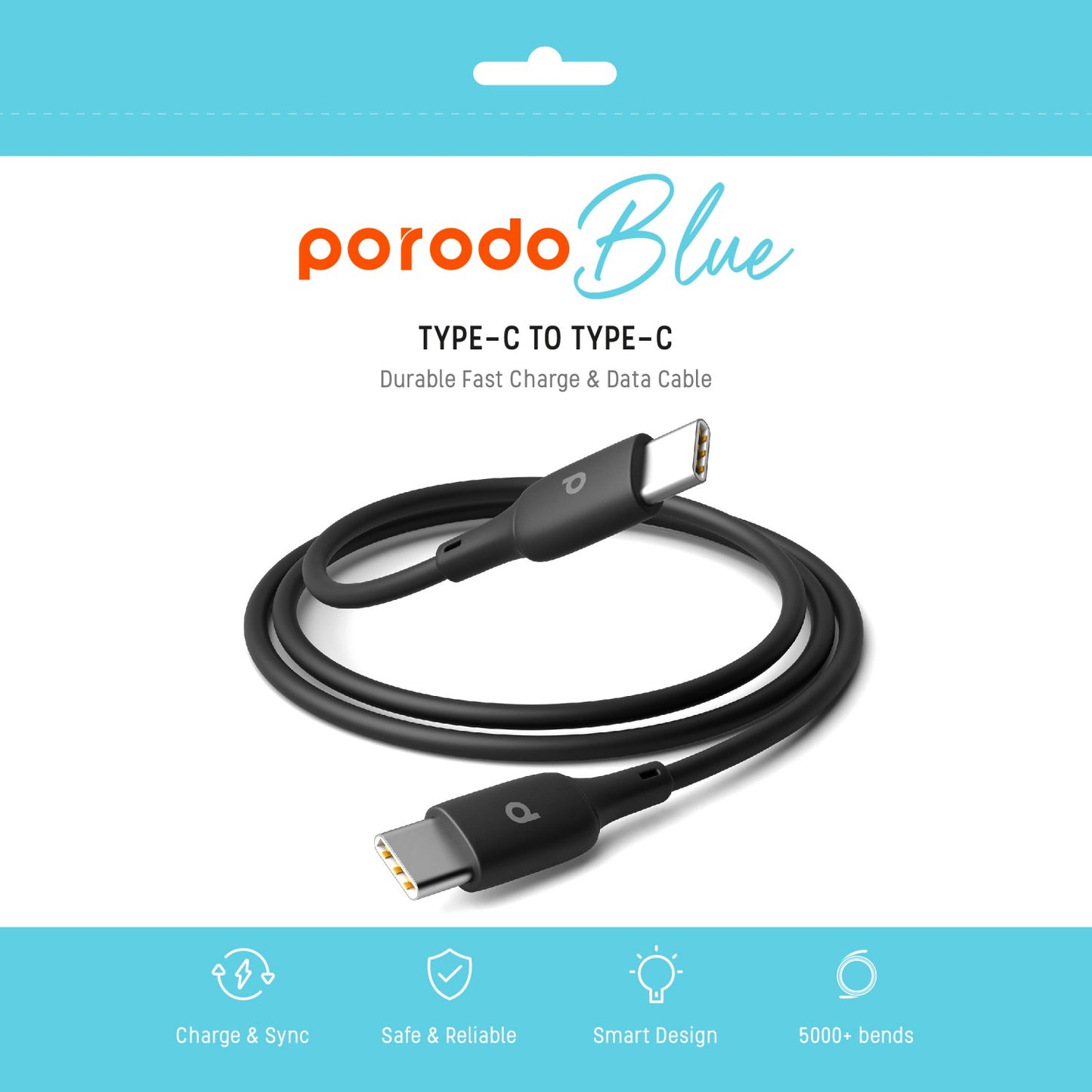 Porodo Blue PVC Type-C to Type-C 60W Durable Fast Charge & Data Cable - 1m/3.2ft  / Black