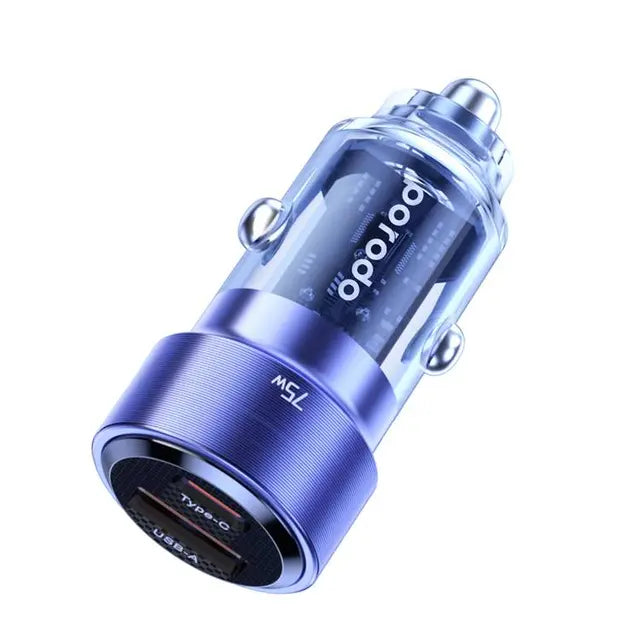 Porodo Dual Port Transparent Aluminum Car Charger - 75W / Blue