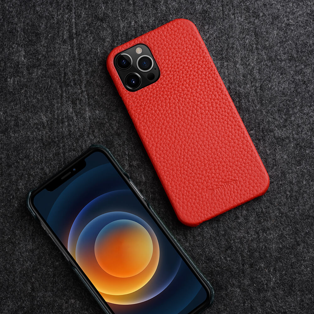 Melkco Back Snap Series Lai Chee Pattern Premium Leather Snap Cover Case - Apple iPhone 12/12 Pro / Red Accessories >