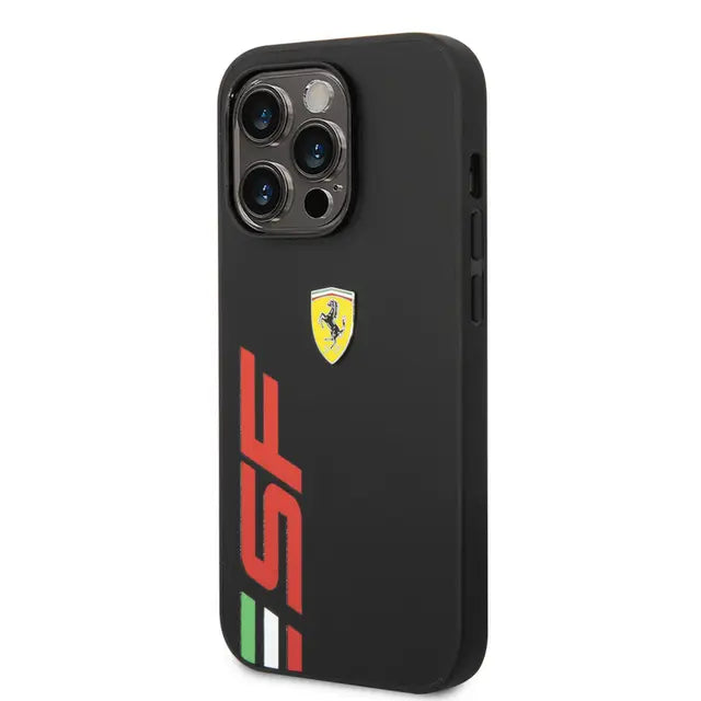 Ferrari iPhone 14 Pro PU Leather Case With Printed Big SF Logo - Black