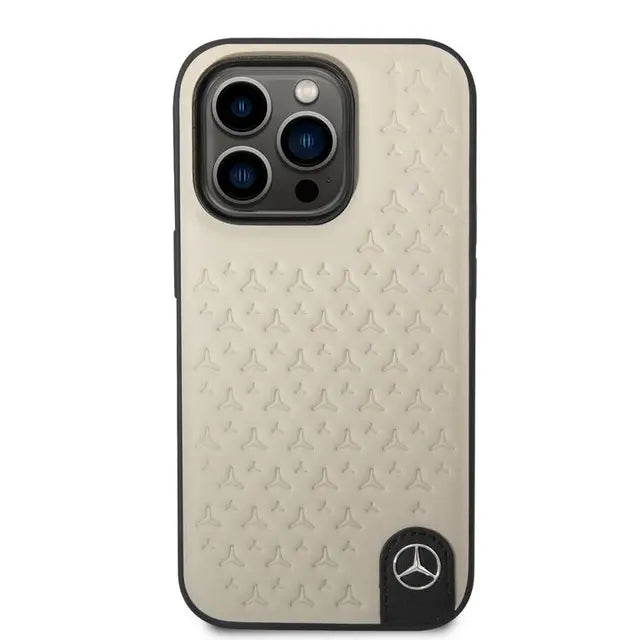 Mercedes-Benz iPhone 14 Pro Genuine Leather Case With Star Pattern - Gray