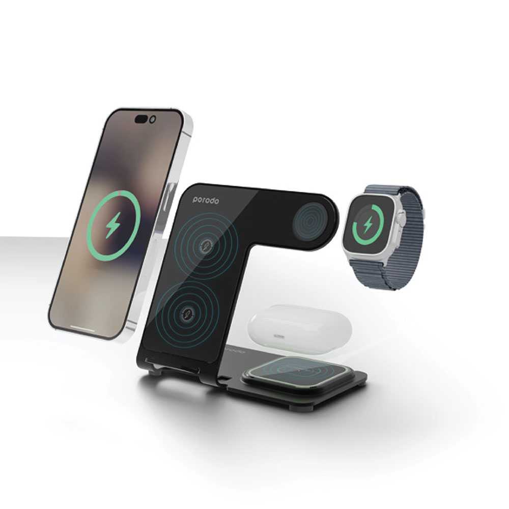 Porodo 3 In 1 Dual Coil Wireless Charging Dock - Black