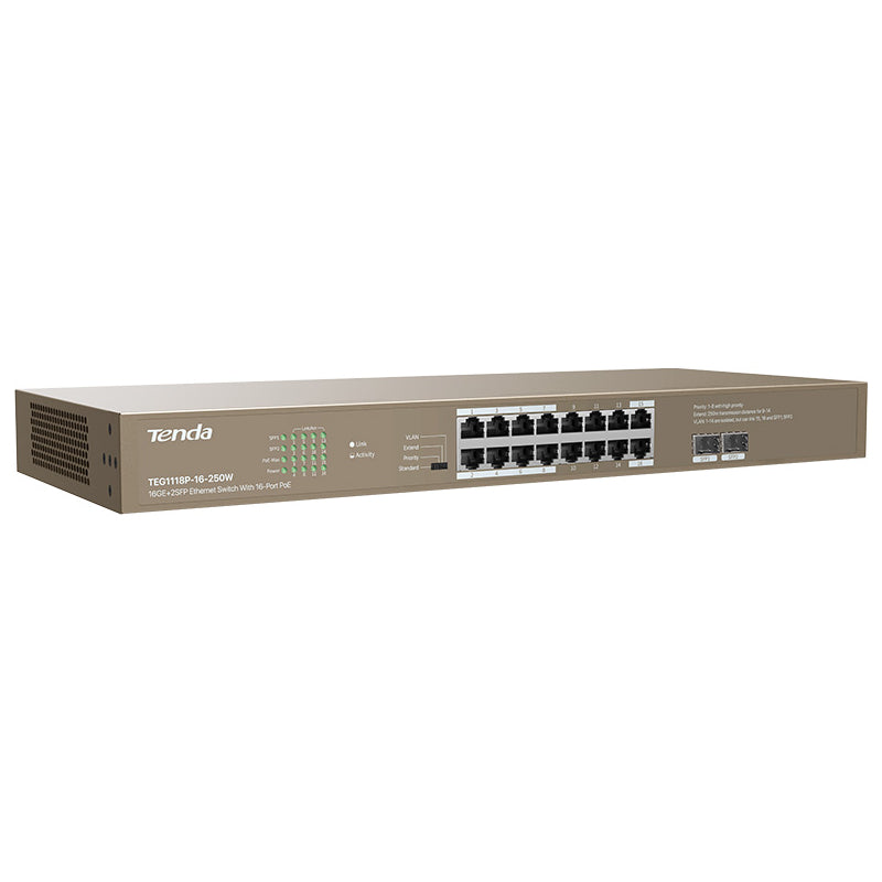 Tenda 16GE + 2SFP Ethernet مفتاح - 36 جيجابت في الثانية / RJ45 / 16-منفذ PoE مفتاح