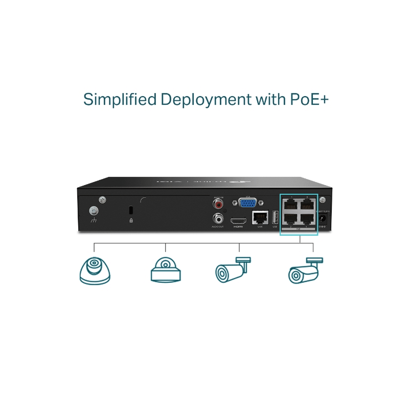 TP-LINK VIGI 4 Channel PoE+ Network Video Recorder - RJ-45, USB 2.0 / SATA / Black