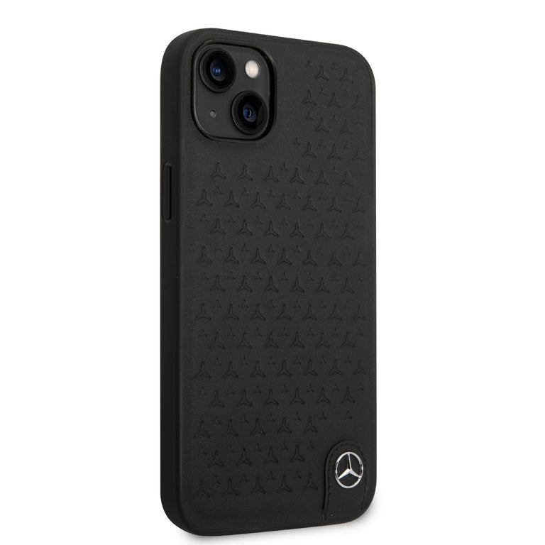 Mercedes-Benz iPhone 14 Plus Genuine Leather Case With Star Pattern - Black