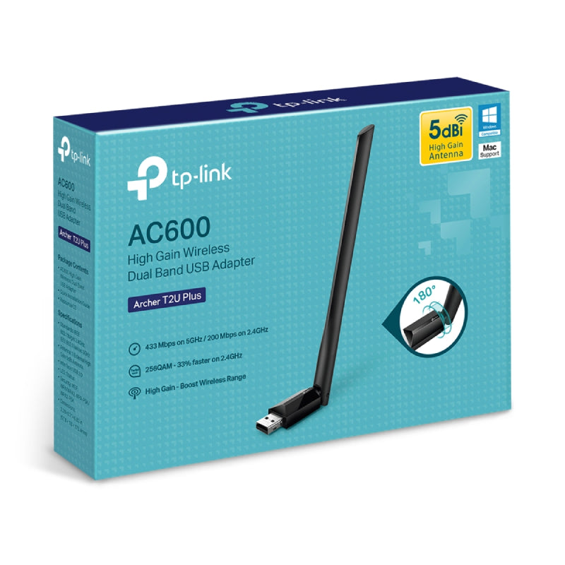 TP-Link (Archer T2U Plus) AC600 High Gain Wireless Dual Band USB Adapter - 5GHz(433 Mbps) / USB