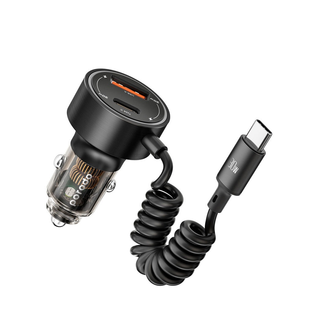 Porodo 60W Dual Port Transparent Aluminum Car Charger - Integrated Type-C Cable / Black