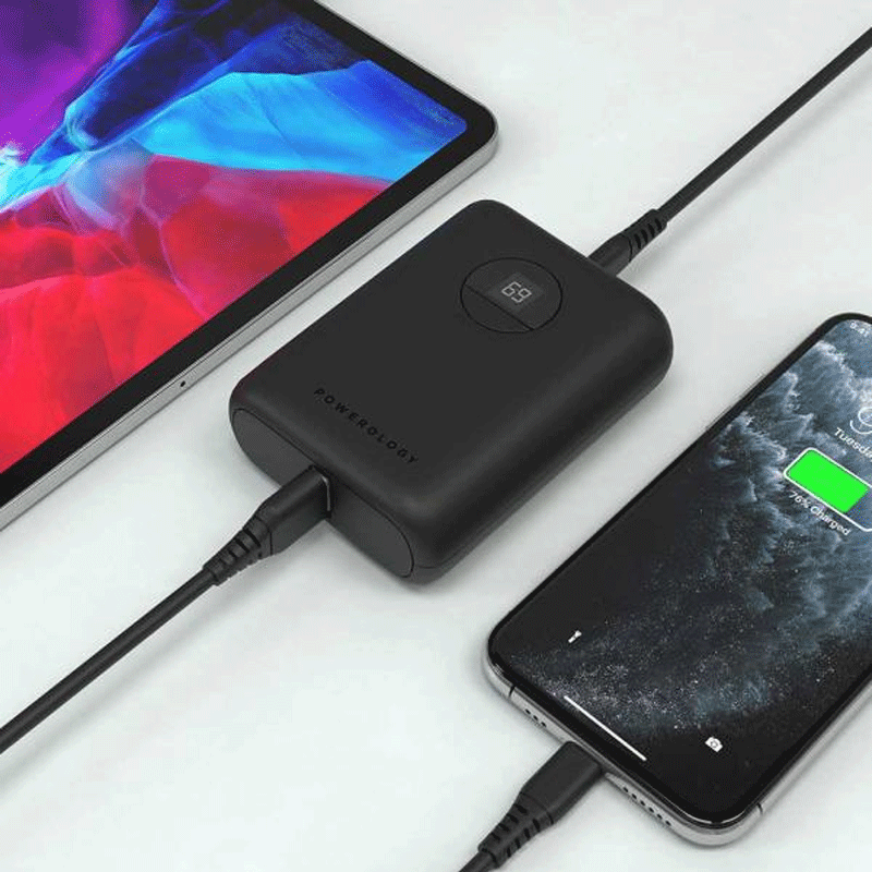 Powerology Ultra-Compact Power Bank - 10,000mAh / 20W / USB-C / USB-A / Black